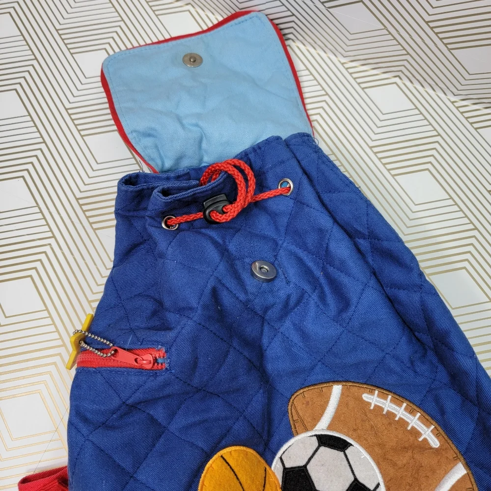Stephen Joseph Quilted Backpack Sports Blue & Red Ages 3+ Drawstring Closure.